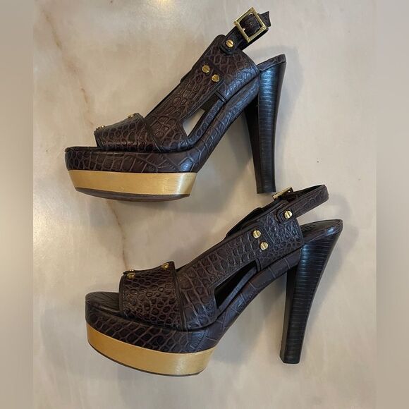Tory Burch Monique Americana Brown Embossed Crocodile Peep Toe Sandals 10 M - Picture 6 of 9